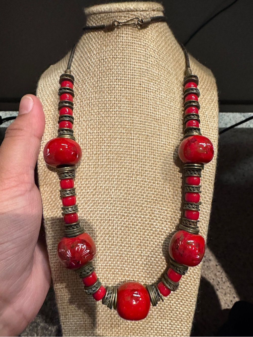 Vintage Brass and Red Bead Statement Necklace - Bold Women's Jewelry